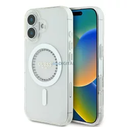   Guess GUHMP16SPFTDTEH iPhone 16 6,1 hüvelykes fehér keménytok, IML, strasszokkal, MagSafe