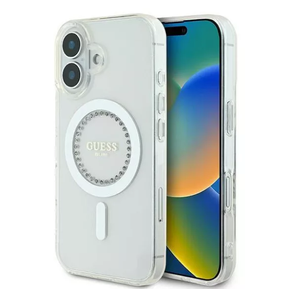 Guess GUHMP16MPFTDTEH iPhone 16 Plus 6.7" fehér keménytok IML strasszokkal MagSafe