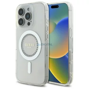 Guess GUHMP16LPFTDTEH iPhone 16 Pro 6,3 hüvelykes fehér keménytok, IML, strasszokkal, MagSafe