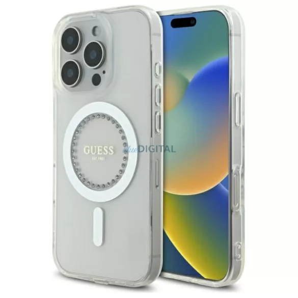 Guess GUHMP16LPFTDTEH iPhone 16 Pro 6,3 hüvelykes fehér keménytok, IML, strasszokkal, MagSafe