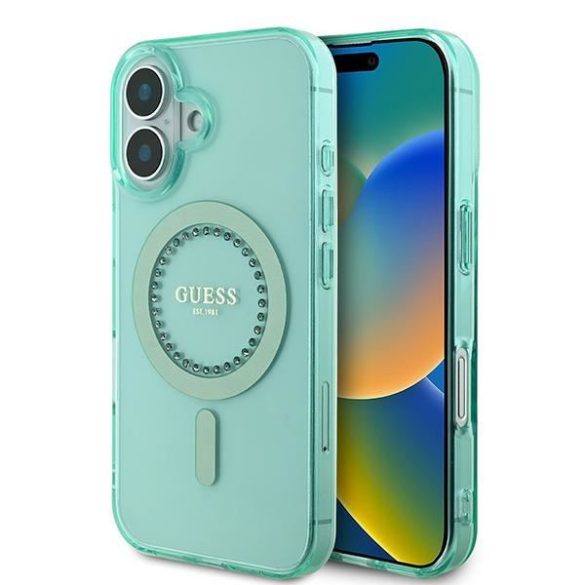 Guess GUHMP16SPFTDTEN IML Rhinestones MagSafe keménytok iPhone 16 - zöld