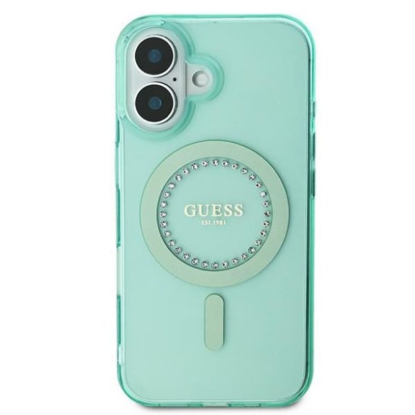 Guess GUHMP16SPFTDTEN IML Rhinestones MagSafe keménytok iPhone 16 - zöld