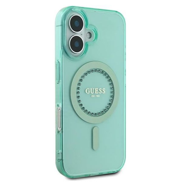 Guess GUHMP16SPFTDTEN IML Rhinestones MagSafe keménytok iPhone 16 - zöld