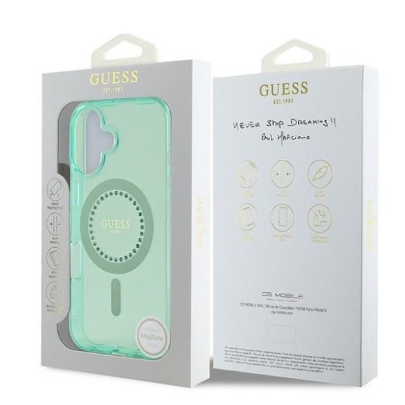 Guess GUHMP16SPFTDTEN IML Rhinestones MagSafe keménytok iPhone 16 - zöld