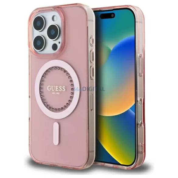 Guess GUHMP16LPFTDTEP IML Rhinestones MagSafe keménytok iPhone 16 Pro - rózsaszín