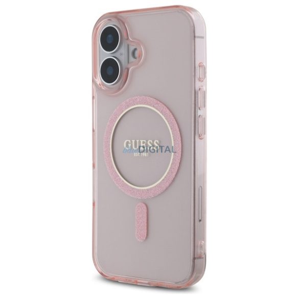 Guess GUHMP16SHFGEREP IML Glitter Circle MagSafe-kompatibilis keménytok iPhone 16 - rózsaszín