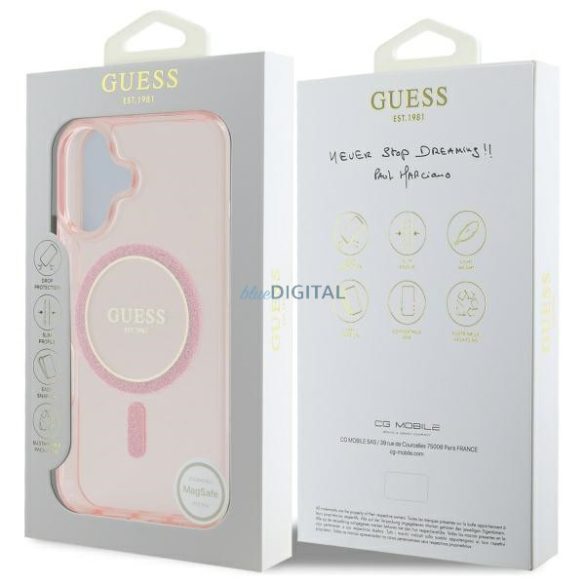 Guess GUHMP16SHFGEREP IML Glitter Circle MagSafe-kompatibilis keménytok iPhone 16 - rózsaszín