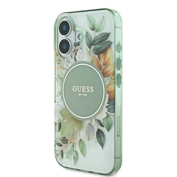 Guess GUHMP16SHFWBDCEN IML Flower & Tonal Circle MagSafe keménytok iPhone 16 - zöld