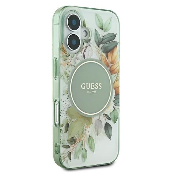 Guess GUHMP16SHFWBDCEN IML Flower & Tonal Circle MagSafe keménytok iPhone 16 - zöld