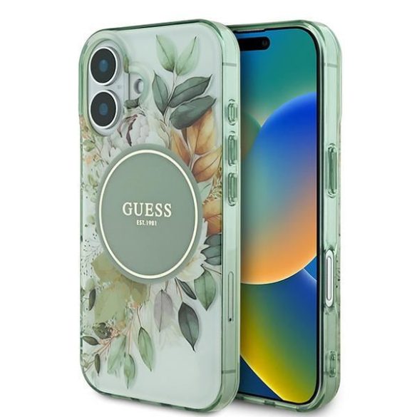 Guess GUHMP16MHFWBDCEN IML Flower & Tonal Circle MagSafe keménytok iPhone 16 Plus - zöld