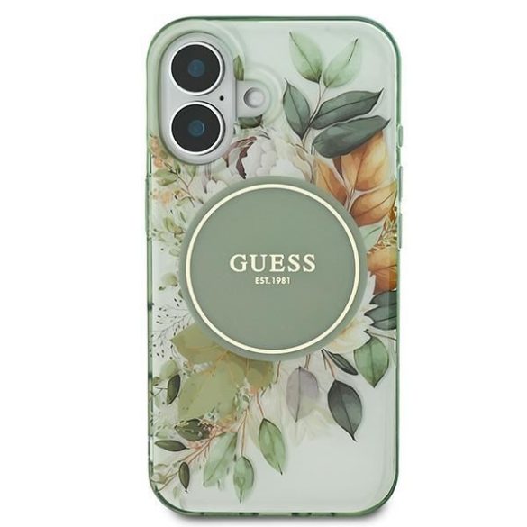 Guess GUHMP16MHFWBDCEN IML Flower & Tonal Circle MagSafe keménytok iPhone 16 Plus - zöld