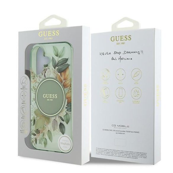 Guess GUHMP16MHFWBDCEN IML Flower & Tonal Circle MagSafe keménytok iPhone 16 Plus - zöld