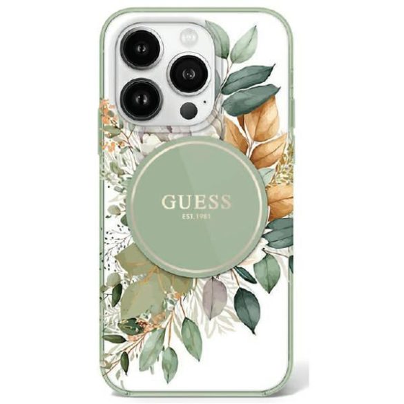 Guess GUHMP16LHFWBDCEN IML Flower & Tonal Circle MagSafe keménytok iPhone 16 Pro - zöld