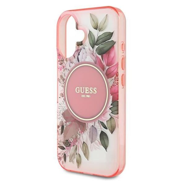 Guess GUHMP16MHFWBDCEP IML Flower & Tonal Circle MagSafe keménytok iPhone 16 Plus - rózsaszín