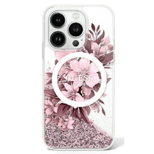 Guess GUHMP16SLFMWTP Liquid Glitter Flower MagSafe keménytok iPhone 16 - rózsaszín