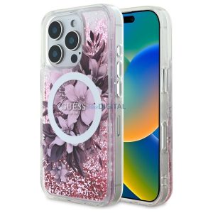 Guess GUHMP16LLFMWTP Liquid Glitter Flower MagSafe-kompatibilis keménytok iPhone 16 Pro - rózsaszín