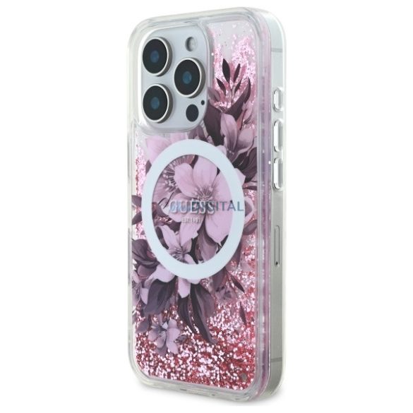 Guess GUHMP16LLFMWTP Liquid Glitter Flower MagSafe-kompatibilis keménytok iPhone 16 Pro - rózsaszín