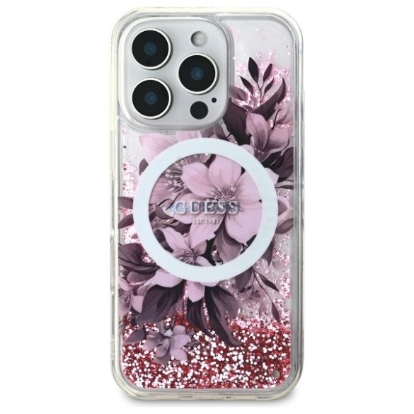 Guess GUHMP16LLFMWTP Liquid Glitter Flower MagSafe-kompatibilis keménytok iPhone 16 Pro - rózsaszín