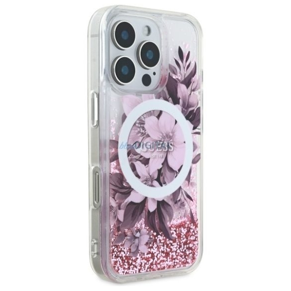 Guess GUHMP16LLFMWTP Liquid Glitter Flower MagSafe-kompatibilis keménytok iPhone 16 Pro - rózsaszín