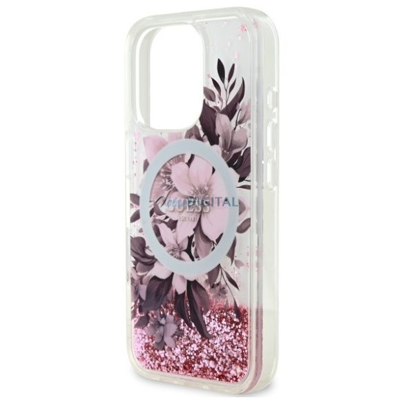 Guess GUHMP16LLFMWTP Liquid Glitter Flower MagSafe-kompatibilis keménytok iPhone 16 Pro - rózsaszín