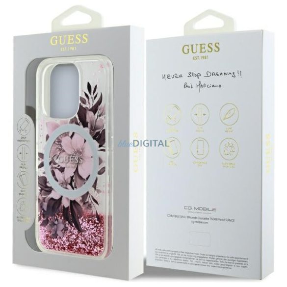 Guess GUHMP16LLFMWTP Liquid Glitter Flower MagSafe-kompatibilis keménytok iPhone 16 Pro - rózsaszín