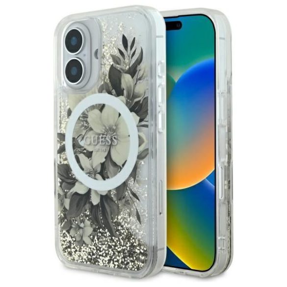 Guess GUHMP16SLFMWTE Liquid Glitter Flower MagSafe keménytok iPhone 16 - bézs