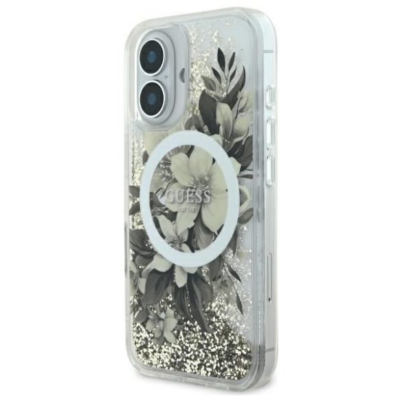 Guess GUHMP16SLFMWTE Liquid Glitter Flower MagSafe keménytok iPhone 16 - bézs