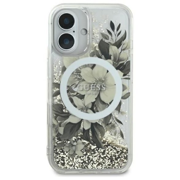 Guess GUHMP16SLFMWTE Liquid Glitter Flower MagSafe keménytok iPhone 16 - bézs