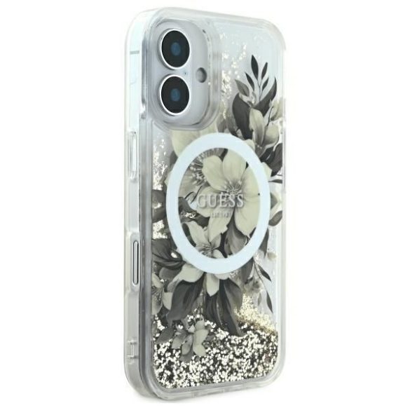 Guess GUHMP16SLFMWTE Liquid Glitter Flower MagSafe keménytok iPhone 16 - bézs