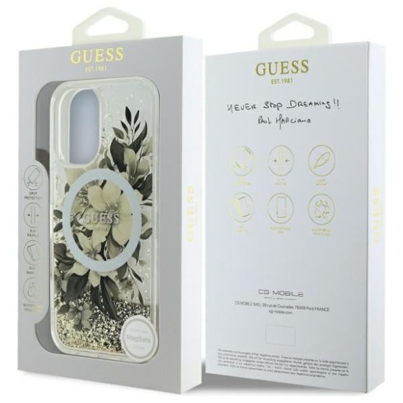 Guess GUHMP16SLFMWTE Liquid Glitter Flower MagSafe keménytok iPhone 16 - bézs