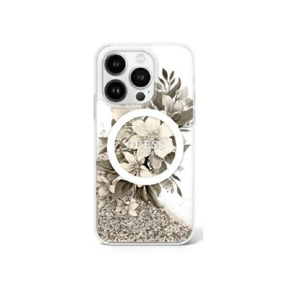 Guess GUHMP16LLFMWTE Liquid Glitter Flower MagSafe keménytok iPhone 16 Pro - bézs