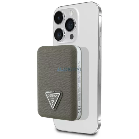 Power Bank Guess Grained Triangle 5000 mAh, 15 W, USB-C, MagSafe, induktív – barna
