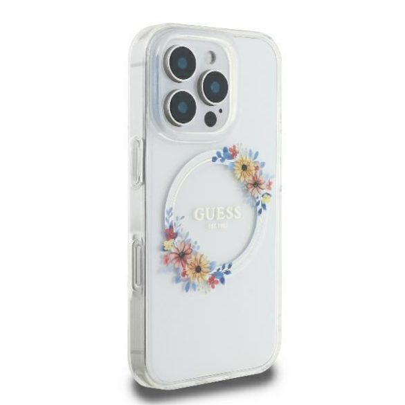 Guess GUHMP16SHFWFCT IML Flowers Wreath MagSafe keménytok iPhone 16 - átlátszó