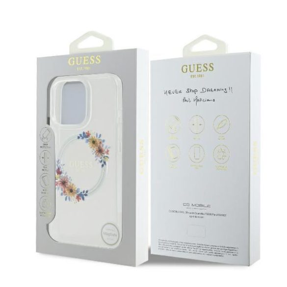 Guess GUHMP16SHFWFCT IML Flowers Wreath MagSafe keménytok iPhone 16 - átlátszó