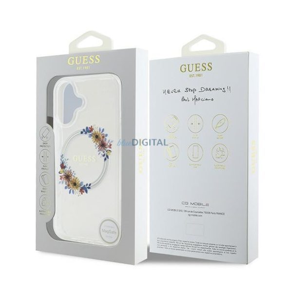 Guess GUHMP16MHFWFCT IML Flowers Wreath MagSafe keménytok iPhone 16 Plus - átlátszó