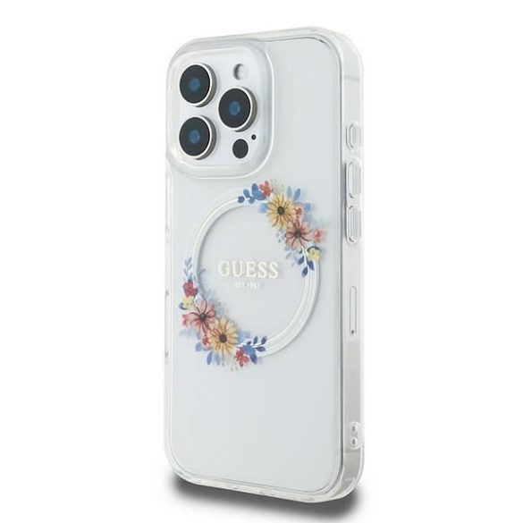 Guess GUHMP16LHFWFCT IML Flowers Wreath MagSafe keménytok iPhone 16 Pro - átlátszó