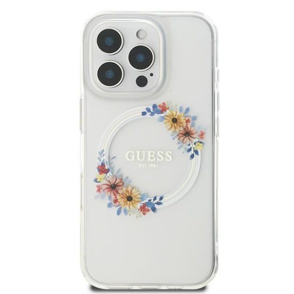 Guess GUHMP16LHFWFCT IML Flowers Wreath MagSafe keménytok iPhone 16 Pro - átlátszó