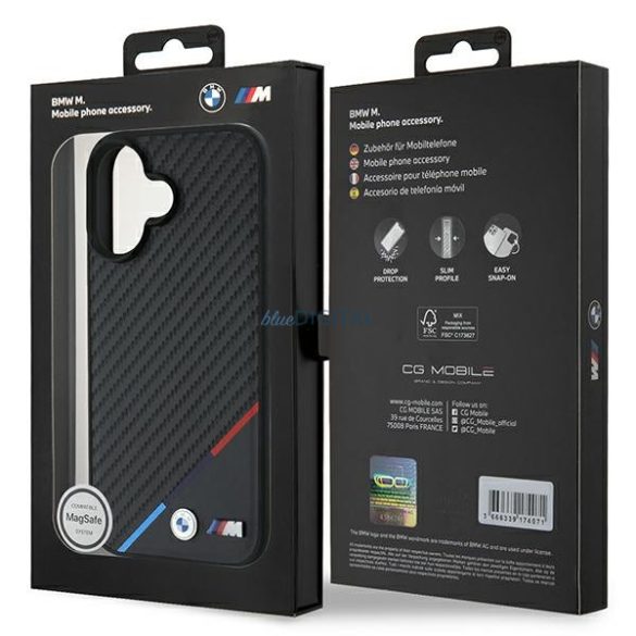 BMW BMHMP16M23PUDTK Carbon Tricolor Line MagSafe tok iPhone 16 Plus - fekete