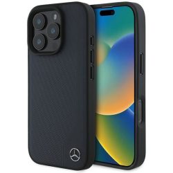   Mercedes MEHMP16X23RBGVV MB Wood Imitation Leather MagSafe keménytok iPhone 16 Pro Max - tengerészkék
