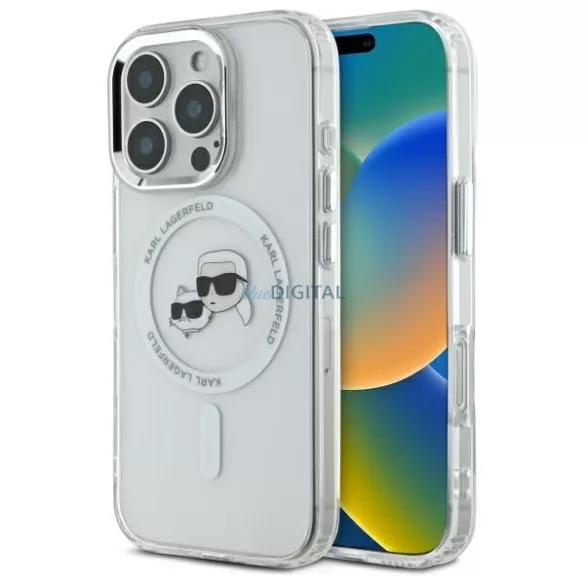 Karl Lagerfeld KLHMP16LHLSKCH iPhone 16 Pro 6,3" fehér keménytok, IML, fém, Karl és Choupette fej, M méret