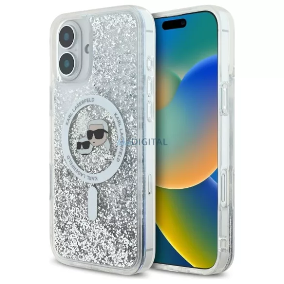 Karl Lagerfeld KLHMP16SLGKCSGH Liquid Glitter Karl&Choupette Head Magsafe keménytok iPhone 16 - átlátszó