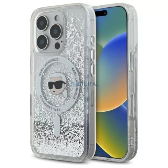 Karl Lagerfeld KLHMP16LLGKISGH Liquid Glitter Karl Head MagSafe-kompatibilis keménytok iPhone 16 Pro - átlátszó
