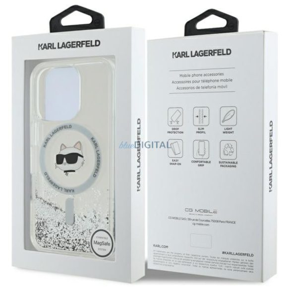 Karl Lagerfeld KLHMP16LLGCHSGH Liquid Glitter Choupette Head Magsafe keménytok iPhone 16 Pro - átlátszó