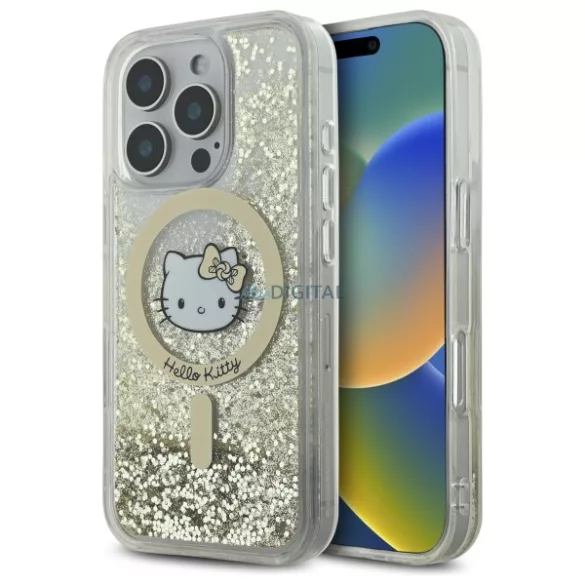Hello Kitty HKHMP16LLGDIH Liquid Glitter Fever MagSafe-kompatibilis keménytok iPhone 16 Pro - fehér