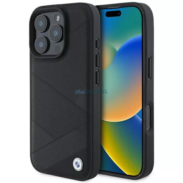 BMW BMHCP16L23RCGPK Sign Leather Crossing Lines Pattern tok iPhone 16 Pro - fekete