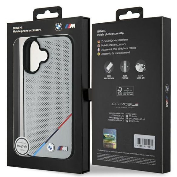 BMW BMHMP16S23PUPDG M Perforated Tricolor Line MagSafe tok iPhone 16 - szürke