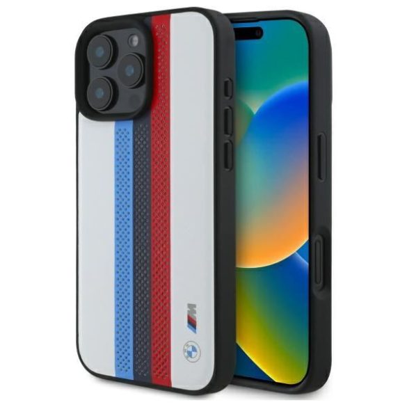 BMW BMHMP16X23PUPTH M Perforated Tricolor Printed Stripes MagSafe tok iPhone 16 Pro Max - fehér