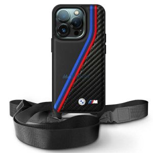 BMW BMHCP16L23PSVTK M Edition Carbon Tricolor Lines & Strap keménytok iPhone 16 Pro - fekete