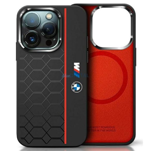 BMW BMHMP16X23SHER Silicone Hexagon Red Line MagSafe-kompatibilis keménytok iPhone 16 Pro Max - fekete