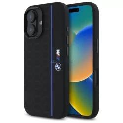   BMW BMHMP16S23SHEB Silicone Hexagon Blue Line MagSafe-kompatibilis keménytok iPhone 16 - fekete